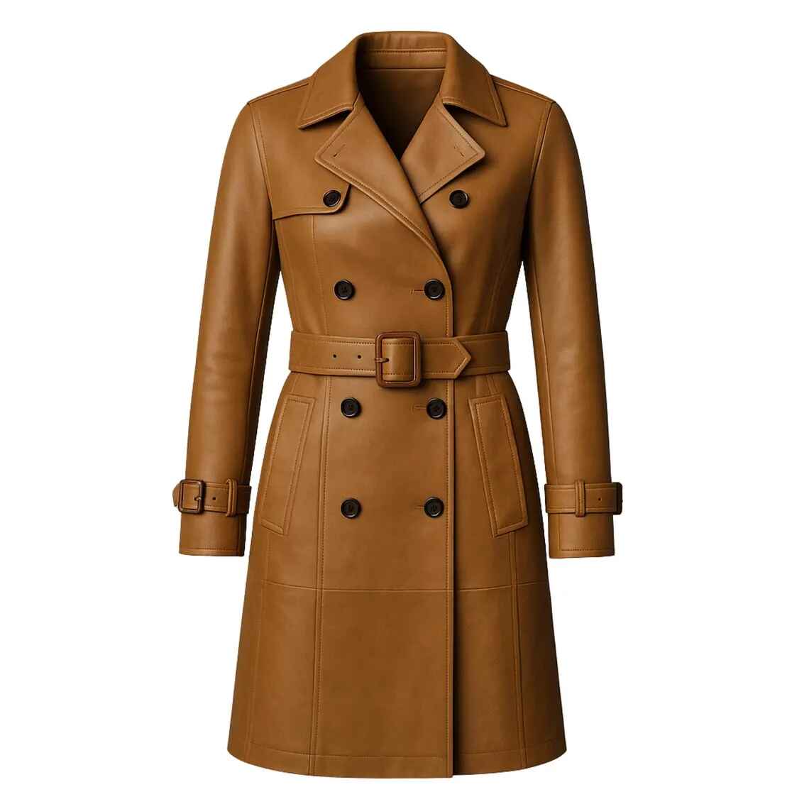 Women's Tan Leather Double-Breasted Belted Trench